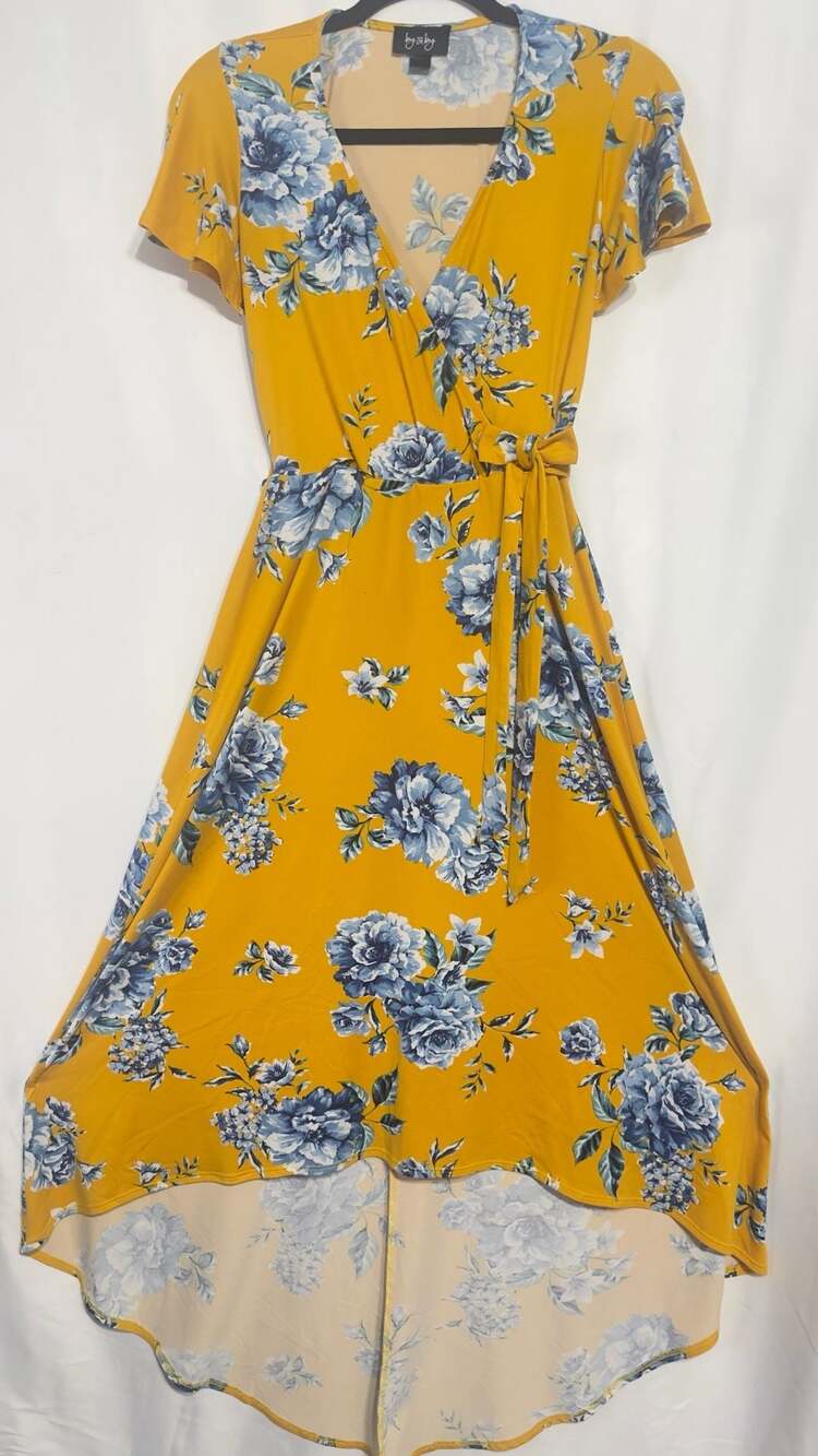 By & By Mustard Yellow Floral High-Low Wrap Dress